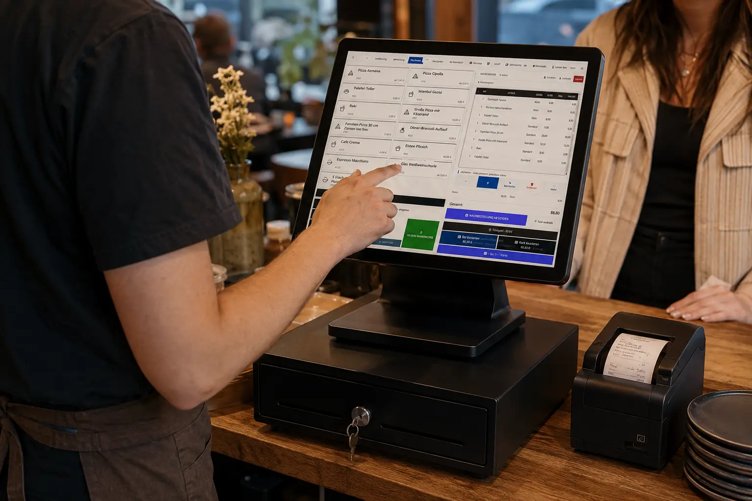 Restaurantmitarbeiter nimmt eine Bestellung an der M3 Touch-Kasse auf
