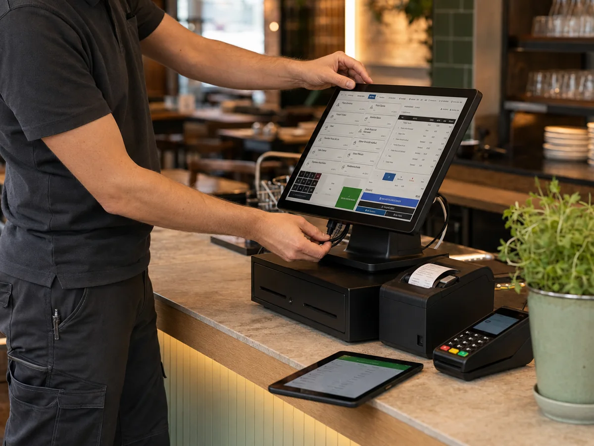 Ein Techniker installiert das M3 Kassensystem vor Ort im Restaurant