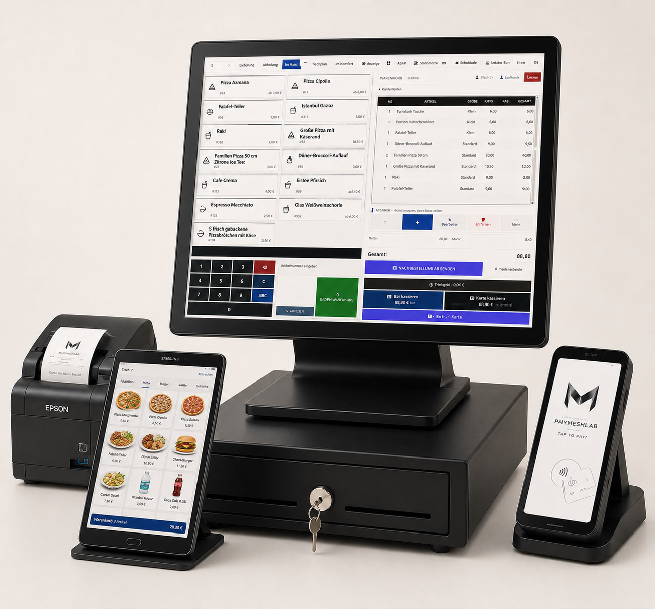 Große M3 Touch-Kasse, Samsung Galaxy Tab A11 mit 8,7 Zoll, Epson Bondrucker, Kassenschublade und Stripe Kartenterminal